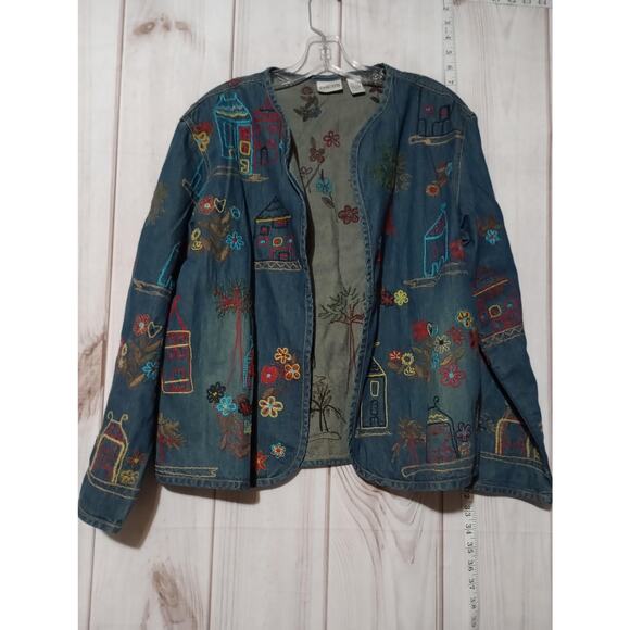 Chicos Jacket Womens 2 Blue Embroidered Boho Open Front Cotton Floral Houses - Picture 1 of 7